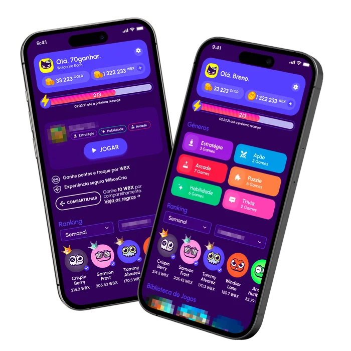 Two phones showing the IUBY app — home screen and weekly player ranking